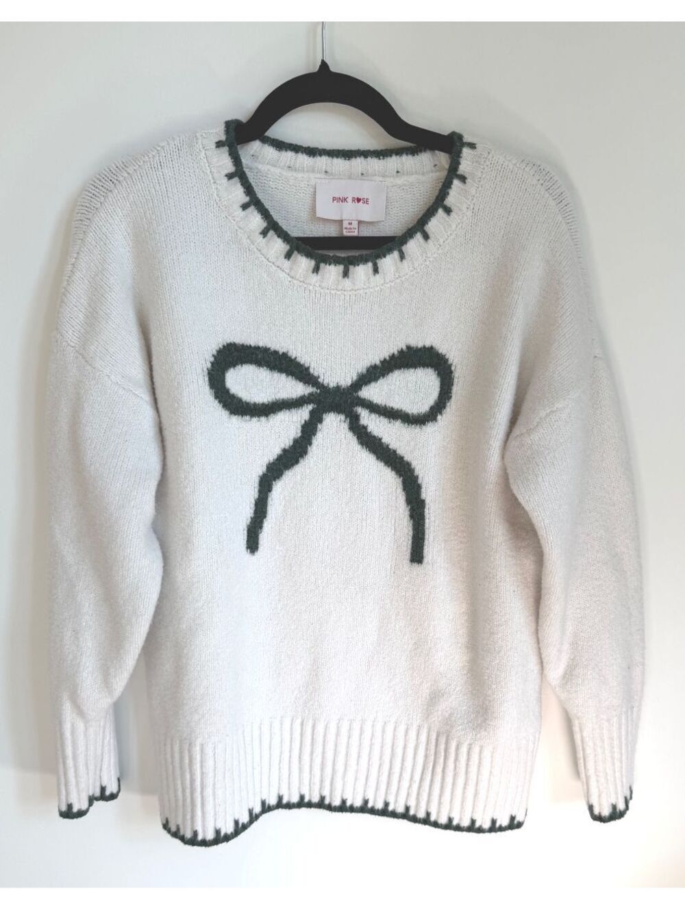 Pink Rose White Sweater Green Bow Size Medium Feminine Cozy Knit Holiday